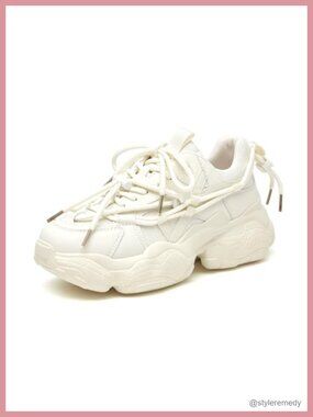 Women's Chunky Sneakers Cowhide Leather 90s Retro Dad Shoes Platform Lace-Up